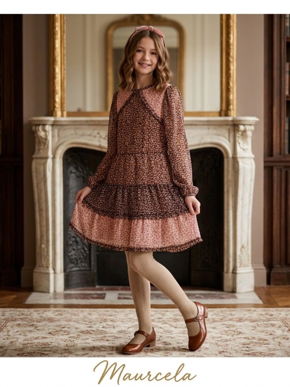 GB Girls Floral Tiered Long-Sleeve Dress - Patchwork Ditsy Floral Coral & Brown